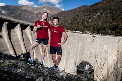 Andrea Kümin and Sascha Lehmann of Switzerland at the Verzasca Dam during the Red Bull Dual Ascent in Verzasca, Switzerland on October 29, 2024.