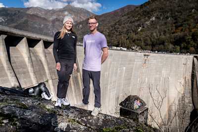 Jessica Pilz and Jakob Schubert of Austria at the Verzasca Dam during the Red Bull Dual Ascent in Verzasca, Switzerland on October 29, 2024.