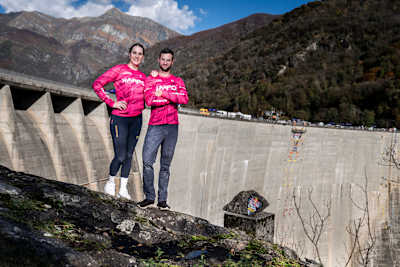 Julia Kruder and Jernej Kruder of Slovenia at the Verzasca Dam during the Red Bull Dual Ascent in Verzasca, Switzerland on October 29, 2024. 