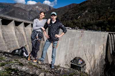 Jenny Buckley of Slovenia and Darius Rapa of Romania at the Verzasca Dam during the Red Bull Dual Ascent in Verzasca, Switzerland on October 29, 2024. 