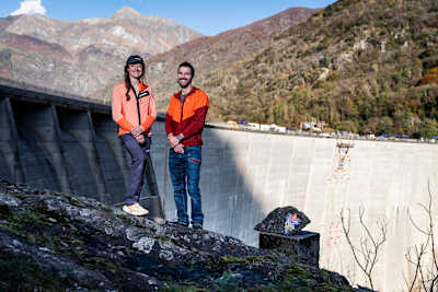 Mellissa le Neve of French and Edu Marin of Spain at the Verzasca Dam during the Red Bull Dual Ascent in Verzasca, Switzerland on October 29, 2024.