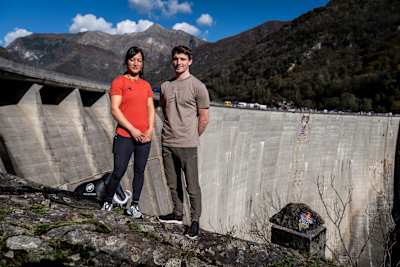 Katherine Choong and Nils Favre of Switzerland at the Verzasca Dam during the Red Bull Dual Ascent on October 29, 2024.