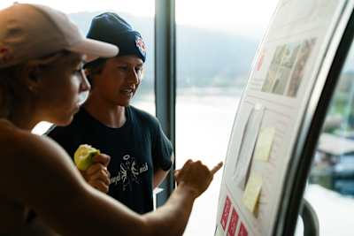 Content creator David Jones of New Zealand discusses ideas for his Red Bull Ibiza Royale obstacle with champion athlete Ida Mathilde Steensgaard of Denmark at a workshop in Salzburg.