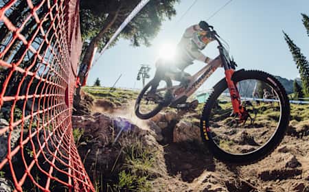 Jackson Goldstone racing the 2022 UCI Mercedes-Benz Downhill World Cup in Lenzerheide on July 7th.