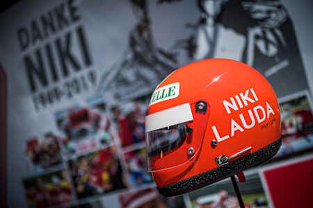 At the 2019 Austrian GP, a helmet is pictured in tribute to Niki Lauda, who has passed away