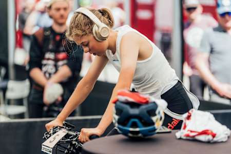 Mona Mitterwallner warming up ahead of the UCI XCO MTB World Cup in Nové Město na Moravě on the 15th of May 2022.