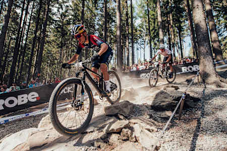 Tom Pidcock racing at the UCI XCO MTB World Cup in Nové Město na Moravě on the 15th of May 2022.