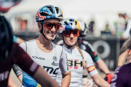 Pauline Ferrand-Prévot racing at the UCI XCO MTB World Cup in Nové Město na Moravě on the 15th of May 2022.