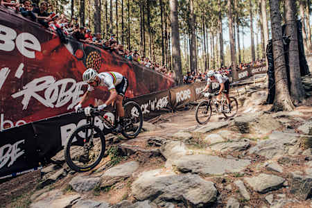 Nino Schurter racing at the 2022 Mercedes-Benz UCI XCO MTB World Cup race in Nové Město.