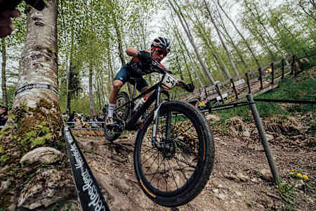Tom Pidcock as seen racing at the XCO World Cup race in Albstadt, Germany, in 2022.