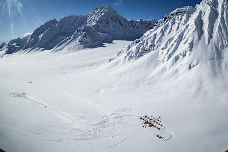 The base camp in front of the competition venue of the first ever Natural Selection SKI in Alaska, Unites States on March 26, 2025. 