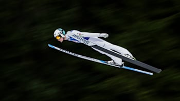 Domen Prevc mid-jump during the Red Bull Target Jumping competition in Zakopane, Poland in April 2025.