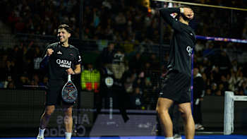 Agustin Tapia and Arturo Coello react on court after their victory at the Buenos Aires Premier Padel P1 tournament in Argentina, June 1, 2025