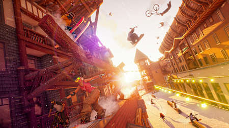 Screenshot of riders racing through a town in the forthcoming video game Riders Republic by Ubisoft.
