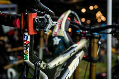 Decal on Jackson Goldstone's Santa Cruz v10 Mountain Bike at Red Bull Hardline 2022.