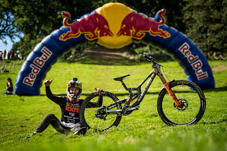 Jackson Goldstone and his Santa Cruz v10 downhill mountain bike as seen at Red Bull Hardline 2022.