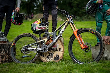View of Jackson Goldstone's Santa Cruz V10 bike on the Red Bull Hardline podium.