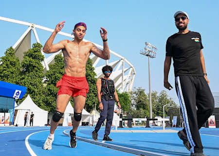 Mann Sharma during his burpee broad jump marathon attempt in Delhi, India on October 14, 2025. 