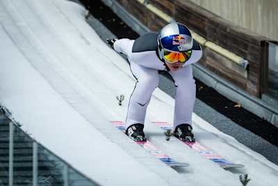 Ryōyū Kobayashi of Japan performs during practice in Planica, Slovenia on March 18, 2021.