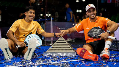 Federico Chingotto and Alejandro Galan pose with their winner trophies at the Newgiza Premier Padel P2 in Giza, Egypt. 