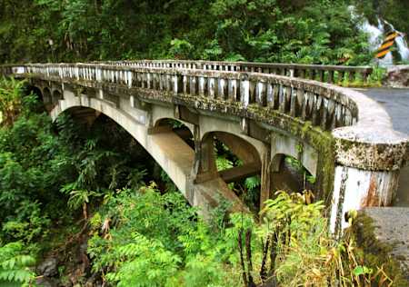 Bridge crossing lush green foliage as part of the Hana highway in Hawaii.