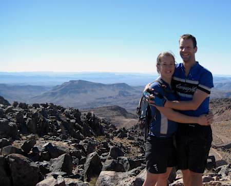 Claire King and her fiancée pose together on the Atlas Mountains