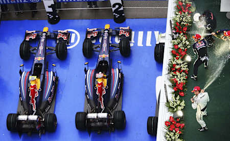 Mark Webber and Sebastian Vettel celebrate Red Bull Racing's first victory in F1 at the 2009 Chinese Grand Prix in Shanghai