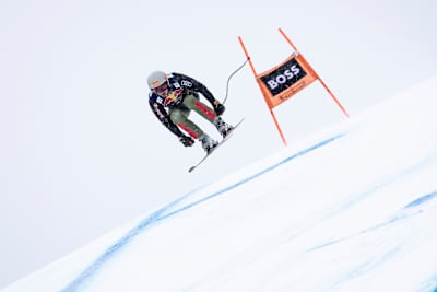 Marcel Hirscher races at the FIS Alpine Skiing World Cup in Kitzbühel, Austria on January 21, 2022.