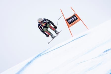 Marcel Hirscher races at the FIS Alpine Skiing World Cup in Kitzbühel, Austria on January 21, 2022.