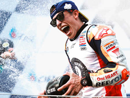 Marc Márquez pictured celebrating after taking the MotoGP title at 2019's Thai Grand Prix.