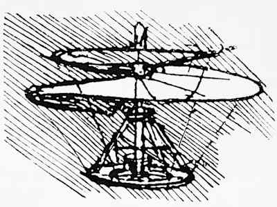 Leonardo da Vinci'nin vida benzeri bu pervane tasarımı, kimileri tarafından ilk helikopter olarak kabul ediliyor.