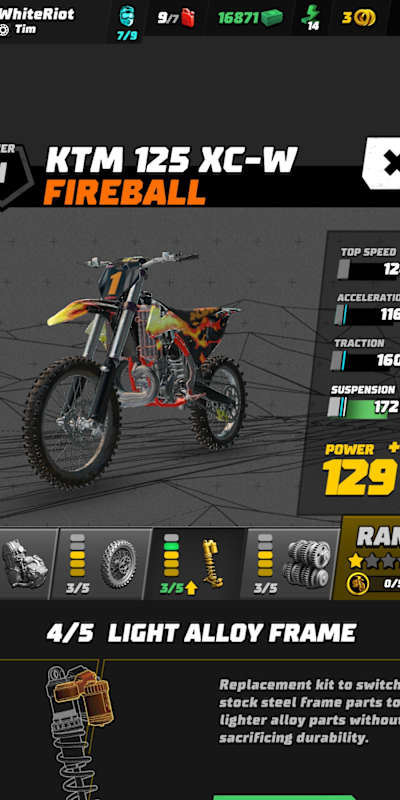 A screenshot of bike upgrades in Dirt Bike Unchained