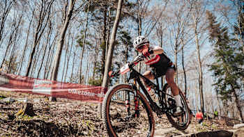Loana Lecomte rides at the UCI XCO World Cup race in Albstadt, Germany on May 9, 2021.