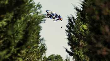 A drone flies just behind motorcyclist Tom Pagès during filming of his latest film, Follow Me.