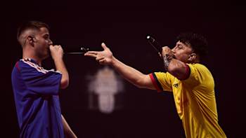 Bnet (l) and Valles-T (R) compete at the International Final of the Red Bull Batalla de los Gallos in Madrid, Spain on November 30 2019.