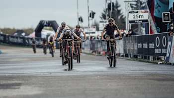 The men's XCC race closes to a finish at the UCI XCC World Cup race in Nové Město, Czech Republic on May 14, 2021.