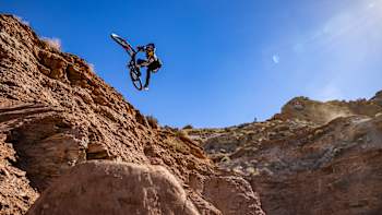 Thomas Genon competes at Red Bull Rampage in Virgin, Utah, USA on October 15, 2021.