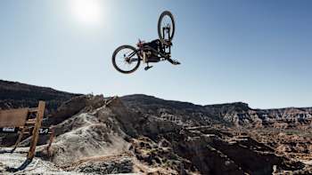 Szymon Godziek rides his bike at Red Bull Rampage in Virgin, Utah, USA on 19 October, 2022.