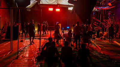A crew works on the shoot of a dance video for the anthem of Red Bull BC One World Final Mumbai.