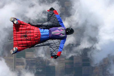 Guido Brescia flies in a Spiderman wingsuit. 