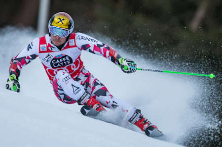 Marcel Hirscher carves up the course at Alta Badia