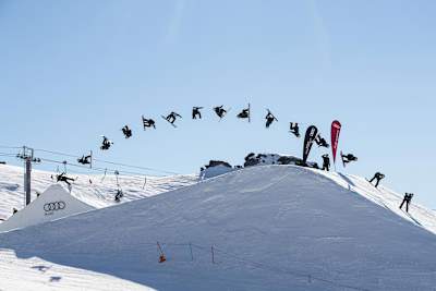 Zoi Sadowski Synnott performs a dub wildcat in the female Snowboard slope style during the Winter Games at Cardrona Alpine Resort, New Zealand on September 4, 2017