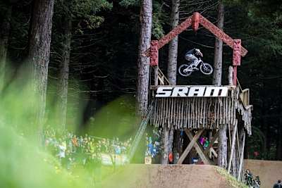 Rider during Slopestyle practice at Crankworx Rotorua 2018.