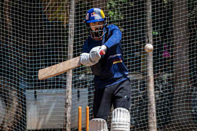 KL Rahul plays a shot during training.