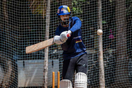 KL Rahul plays a shot during training.