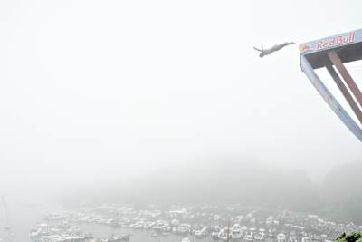 Orlando Duque of Colombia dives from the 27 metre platform at Barselkilen during the second stop of the Red Bull Cliff Diving World Series, Grimstad, Norway on July 7th 2012.