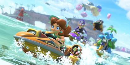 Screenshot aus Mario Kart World für Nintendo Switch 2 zeigt Daisy in einem Renne auf dem Wasser.