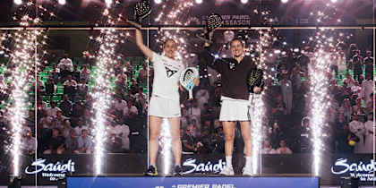 Andrea Ustero Prieto and Ariana Sánchez Fallada pose with their winner trophies at the Premier Padel Riyadh Season P1 , Saudi Arabia on February 14, 2026.