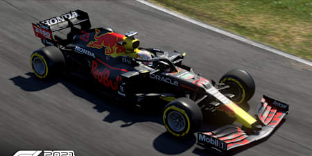Screenshot of a Red Bull car racing in F1 2021