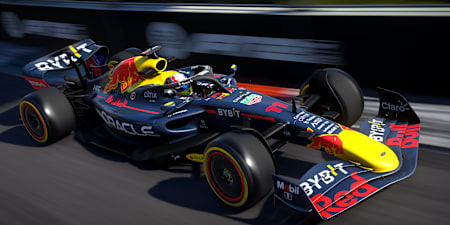 An in-game screenshot of Sergio Perez’s RB18 hurtling through the Miami International Autodrome